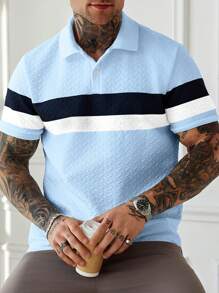 Manfinity Homme Men's Contrast Color Striped Casual Patchwork Textured Short Sleeve Polo Shirt Light Blue Polo Shirt Men Men Light Blue Shirt Men Textured Polo Shirt,Men Textured Polo