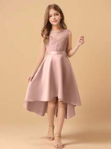 花童少女精致蕾丝花边领缎面高低下摆连衣裙，婚礼/生日派对/日常穿着 - 粉色 - 查看 1