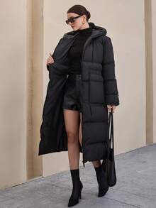 EURMUSE Casual Style, Keep Warm Feature Waterproof Long Line Patch Pocket Detailed Maxi Oversized Padded Coat Long Puffer Coat Women Long Hooded Coat Long Winter Coat Women Womens Long Coat Long Winter Jacket Women Womens Winter Coats - Black - View 5