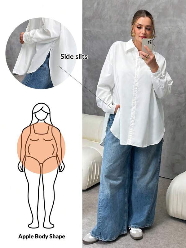 SHEIN Essnce Plus Size Women's Autumn And Winter Casual Loose White Basic Long-Sleeved Button-Down Shirt,Women Blouse,Oversize Tops,Old Money Style,Work Women Blouses,Fall Colthes,High Side Slit Shirt,Basic Long-Sleeved White Shirt,Homecoming,Airport Women Outfits