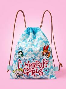 THE POWERPUFF GIRLS X SHEIN 花朵、泡泡、毛茛图案清新蓝白快乐飘逸抽绳背包 - 綠色 - 查看 1