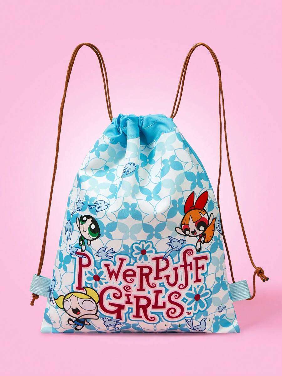 THE POWERPUFF GIRLS X SHEIN 花朵、泡泡、毛茛图案清新蓝白快乐飘逸抽绳背包 - 綠色 - 查看 1