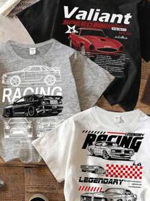 SHEIN Leap Crew 3 件套男童休闲赛车图案圆领短袖 T 恤，适合夏季