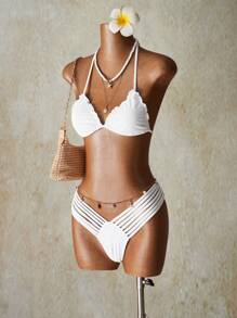 SHEIN ICON Women's White Knitted Bikini Set With Spaghetti Straps And Tie Back Detailing For A Chic Beach Look - White - View 9