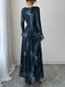 Modelyn 女式方领喇叭长袖收腰修身A字扎染弹力网眼优雅印花连衣裙 - 藍色 - 查看 2