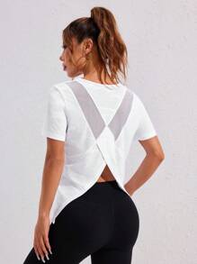 Easithlete 2 Pieces Women Sports Pullover Top With Jacquard Fabric & Mesh Patchwork Criss-Cross Back Design, Suitable For Spring/Summer Gym Shirts - Multicolor - View 3