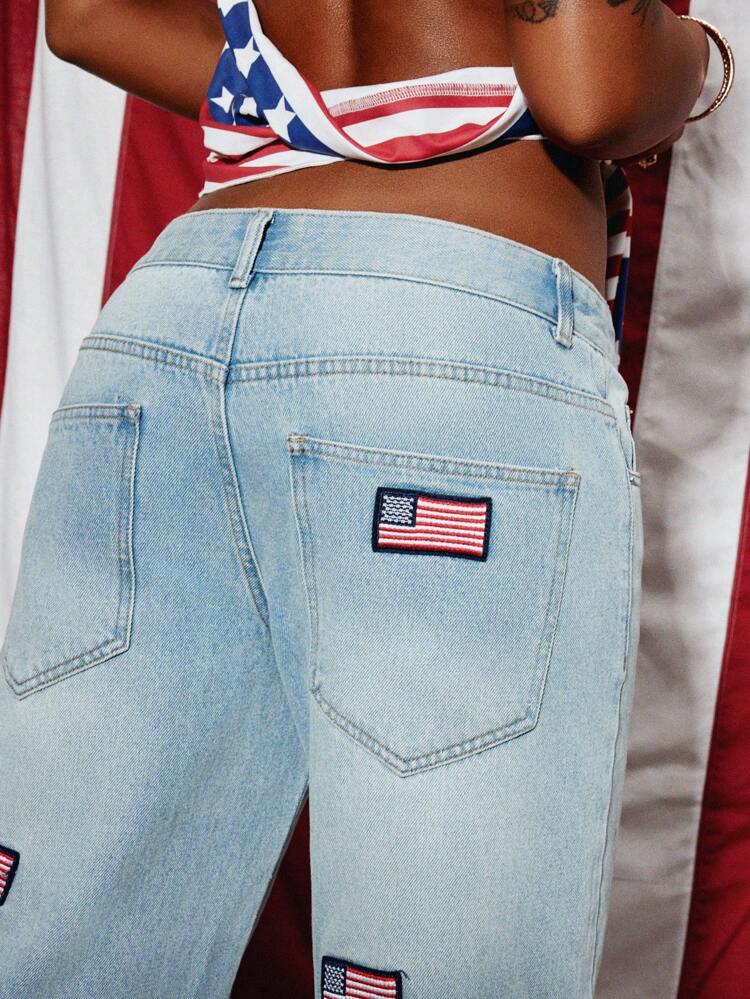 SUMWON WOMEN Patriotic American Flag Embroidered Light Wash Wide Leg Jeans