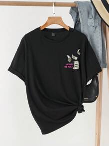 SHEIN EZwear Casual Minimalist Letter Print Round Neck Short Sleeve Oversized Women's T-Shirt, Suitable For Spring And Summer - Black - View 2