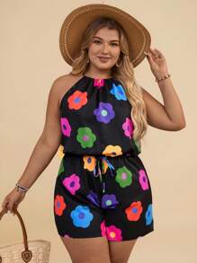 Travachic Plus Size Women Floral Print Waist Tie Halter Romper - Multicolor - View 3