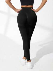 Gameset SHEIN Sport 2pcs Solid Color High Waist Seamless Stretchy Tight Yoga Leggings - Multicolor - View 5
