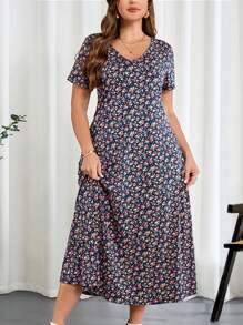 SHEIN Clasi 大码女式V领短袖中长碎花连衣裙，新娘妈妈连衣裙，夏季时尚 - 彩色 - 查看 2