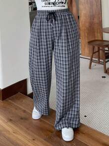 Dazy Plus Plus Size Plaid Elastic Waist Drawstring Loose Casual Long Pants - Navy Blue - View 5