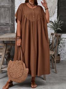 EMERY ROSE 大码休闲纯色蝙蝠袖连衣裙 - 棕色 - 查看 5