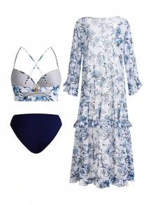 Swim Oasis V-Neck Blue Floral Print Halter Backless Bikiniseta With Kimonos, High-End Summer Beach Outfit For Women - Multicolor - View 8