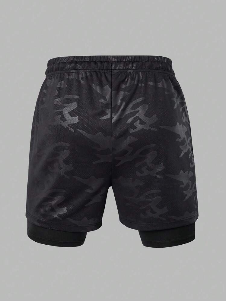 Manfinity Sport Corelite Pantalones cortos deportivos con estampado de letras y cordón ajustable en la cintura para hombres, pantalones cortos para ciclismo, pantalones cortos para correr en verano - Negro - Añade 2