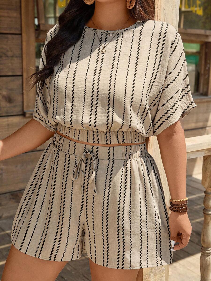 SHEIN LUNE Plus Size Vacation Casual Striped Batwing Shirt And Shorts 2 Pieces Set Summer Outfits For Women Vacation Outfits Woman Two Pieces Set Women Business Casual Woman Beach Vacation Outfits School Clothes Country  Outfits Women 