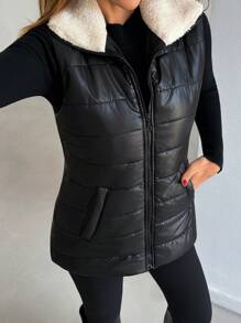 RueChic Shiny Fabric Cozzy Details Padded Zip Up Vest Winter Coat - Black - View 6