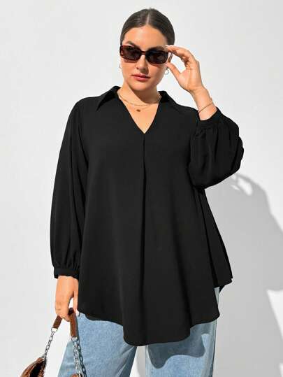 Shapeblank Plus Size Women's Black Autumn Casual Soft Form Business Elegant Everyday Formal Office Work Loose V-Neck Long-Sleeved Shirt Blouse Curv Tops Wear
