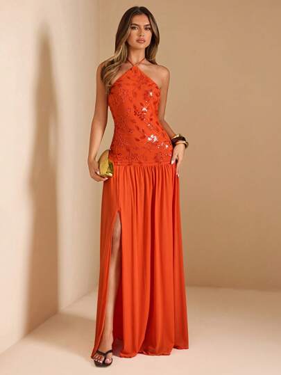 SHEIN BAE Summer Women's Clothing Halter Neck Sequins Embroidery Splicing Mesh Loose Hem Sexy High Slit Ladies Maxi Dress/Island Vacation Outfits/Honeymoon Outfits Woman/ /Summer Outfits For Women/Beach Outfits For Woman/Party Dresses For Women/Orange Dress Party Dresses For Women,Bohemian Clothes