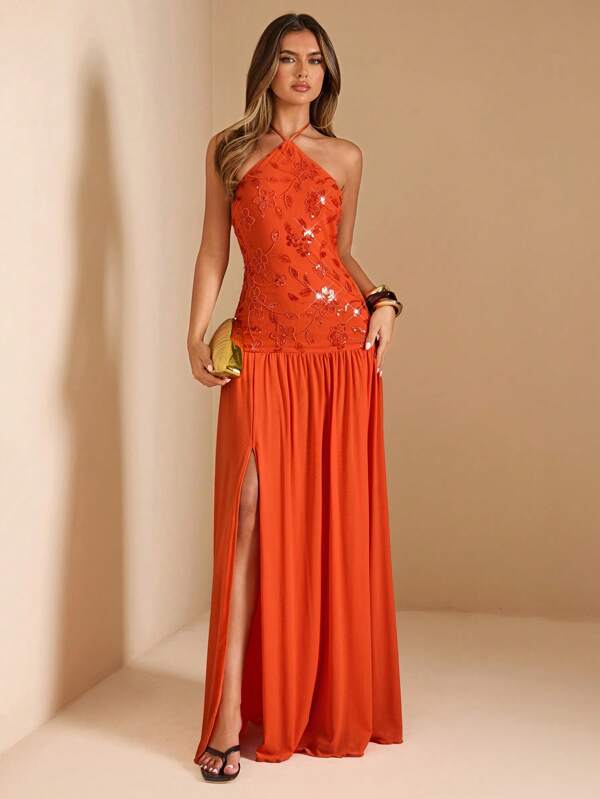 SHEIN BAE Summer Women's Clothing Halter Neck Sequins Embroidery Splicing Mesh Loose Hem Sexy High Slit Ladies Maxi Dress/Island Vacation Outfits/Honeymoon Outfits Woman/ /Summer Outfits For Women/Beach Outfits For Woman/Party Dresses For Women/Orange Dress Party Dresses For Women,Bohemian Clothes