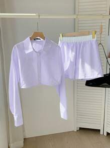 Comfortcana Lavender Woven Women's Striped Print Button Front Short Sleeve Top & Shorts Casual Matching Set - Mauve Purple - View 4