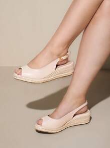 CUCCOO CURVES 加大码宽版坡跟凉鞋，厚绳鞋底，露趾，后带，夏季度假鞋 - 杏色 - 查看 4