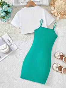 Sparklyn Set de 2 piezas de camiseta corta casual de verano con estampado de letras y vestido de camisola para niña preadolescente - Multicolor - Ver 2