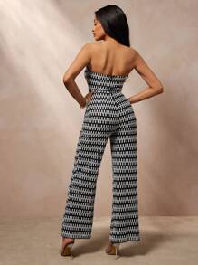 Vixey Mono de pierna ancha con estampado de punto, escote strapless y cordones frontales con forro