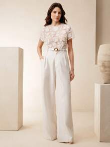 Anewsta Women's Elegant Round Neck Short Sleeve Floral Mesh Hollow Blouse - White - View 6