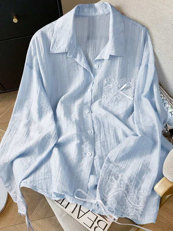 SHEIN Clasi Women's Solid Color Lace Patchwork Front Button Long Sleeve Elegant Blouse Fall Cloth For Women