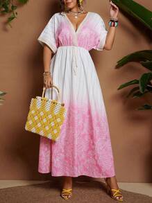 Flirla Plus Size Women Vacation Fashion Ribbed Trim Waist Fit Floral Print Dress - Pink - View 1