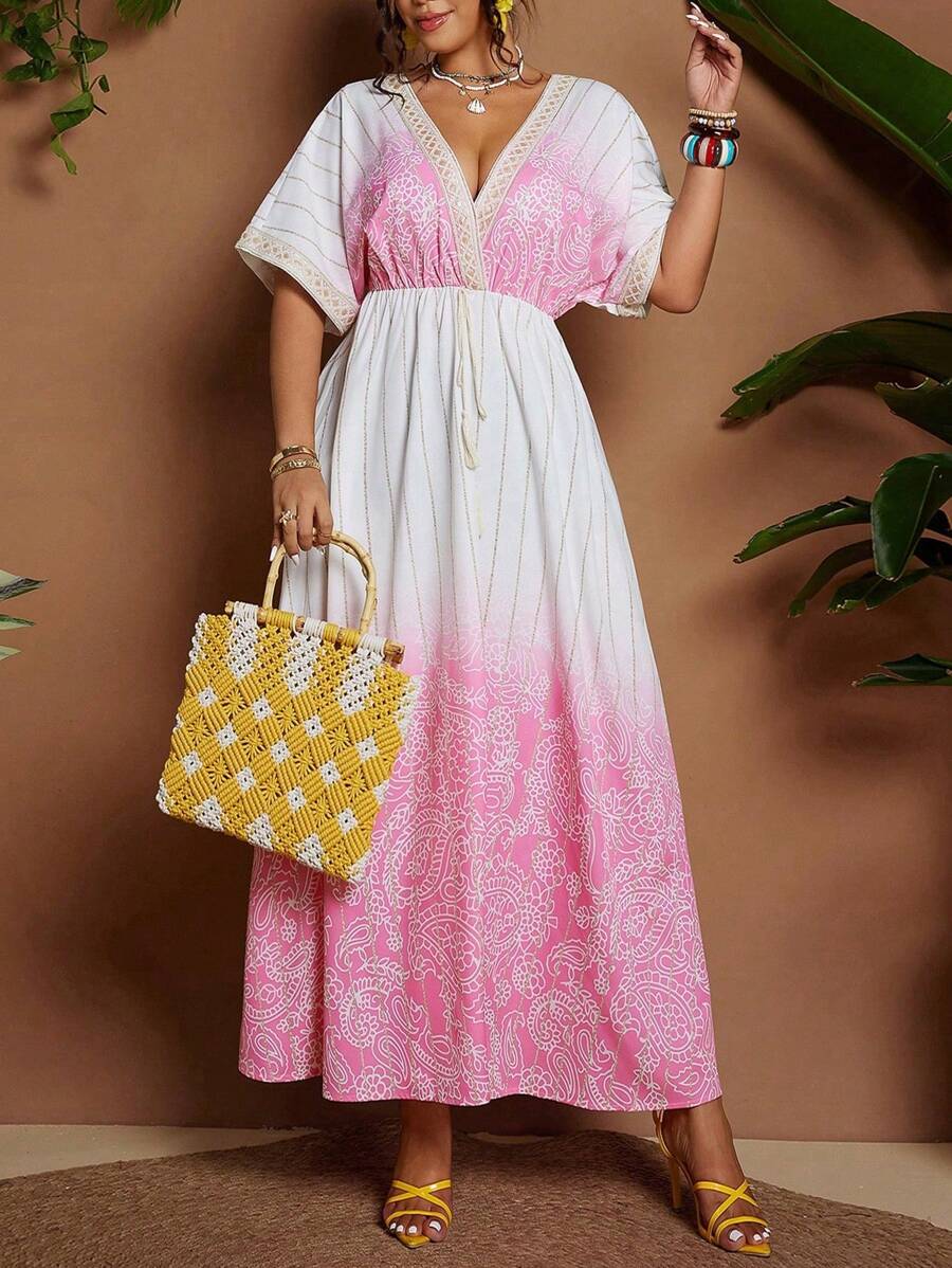 Flirla Plus Size Women Vacation Fashion Ribbed Trim Waist Fit Floral Print Dress - Pink - View 1