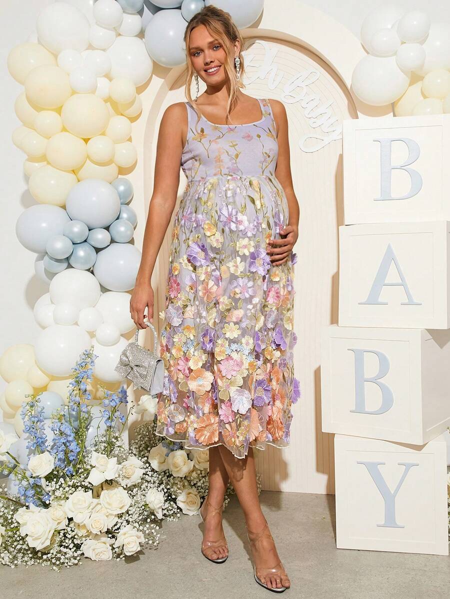 Loomaby Umstandsmode Sommerkleid mit Blumen-Stickerei, elegant, ärmelos, Gender Reveal Kleid, Baby Shower Kleid, Umstandskleid - Verschiedenfarbig - Übersicht 1