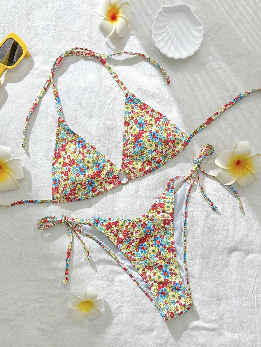 SHEIN Swim 女士碎花吊带前系性感比基尼套装，夏季沙滩泳衣 - 彩色 - 查看 1