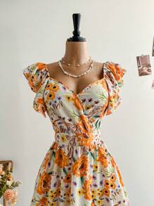 Soleia Plus Size V-Neck Layered Collar Cap Sleeve Cinched Waist A-Line Orange Floral Print Resort Vacation Mini Dress - Multicolor - View 4