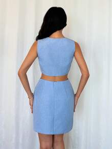 Chiquease 2Pcs Women's Set: Sleeveless Top With Button Detail + A-Line Skirt - Blue - View 2