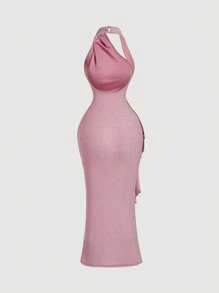 SHEIN MOD Váy Maxi Cổ Halter Hoa 3D Màu Hồng - Hồng - Xem 2