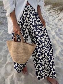 SHEIN VCAY Women's Casual Vacation Style Black & White Polka Dot Pattern Wide Leg Pants, Suitable For Summer & Vacation Fall Clothes Winter Clothes