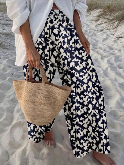 SHEIN VCAY Women's Casual Vacation Style Black & White Polka Dot Pattern Wide Leg Pants, Suitable For Summer & Vacation Fall Clothes Winter Clothes