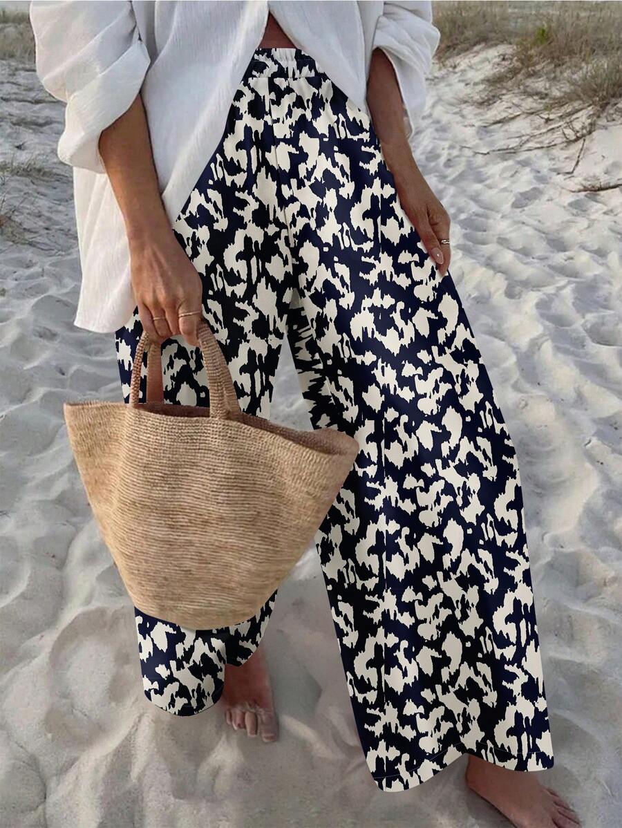 SHEIN VCAY Women's Casual Vacation Style Black & White Polka Dot Pattern Wide Leg Pants, Suitable For Summer & Vacation Fall Clothes Winter Clothes