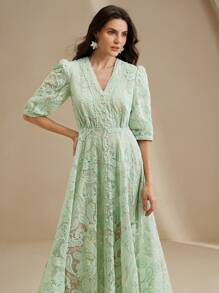 Anewsta Mùa xuân, mùa hè, thanh lịch, kỳ nghỉ, đêm hẹn hò, bãi biển váy dài vải lưới thêu eo bán trong suốt cổ chữ V cho nữ - màu xanh lá - Xem 5