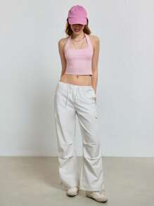 INAWLY Women's Summer Casual Solid Color Halter Neck Backless Crop Top