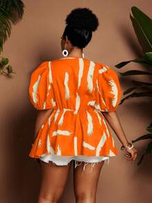 Maweii Blusa elegante con estampado floral, cuello en V y mangas abullonadas para mujer de talla grande - Naranja - Ver 2