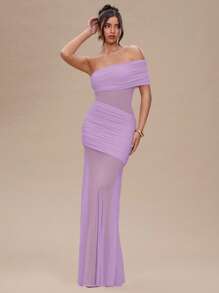 SHEIN BAE 女士夏季服装纯杏色褶皱性感透视长裙女士夏季连衣裙/舞会礼服/婚礼宾客礼服女士/毕业礼服