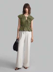 Ontre Áo cánh rút dây màu xanh ô liu thường ngày dành cho nữ, trang phục đơn giản mặc hàng ngày mùa xuân, ngày lễ tình nhân, áo thun trở lại trường có dây đeo mỏng - xanh quân đội - Xem 3