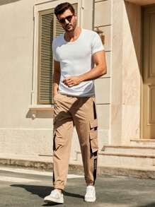 Manfinity VCAY Quần Cargo thường ngày có túi rút dây màu tương phản dành cho nam - Màu Khaki - Xem 4
