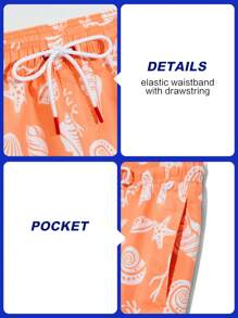 Surfspeed Men's Casual Holiday Beach Star & Shell Print Shorts, Hawaiian - Orange - View 4