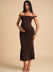 MaterniChic Robe moulante de maternité d'été à col asymétrique et ourlet en queue de poisson, couleur unie - Tabac - Voir 6