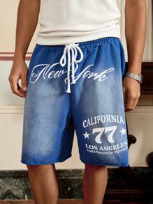 Manfinity VCAY Men's Summer Casual Numeric & Letter Print Drawstring Waist Slant Pocket Loose Shorts, School - Blue - View 4