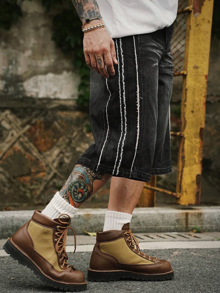 Men's Patchwork Black Denim Shorts, Summer